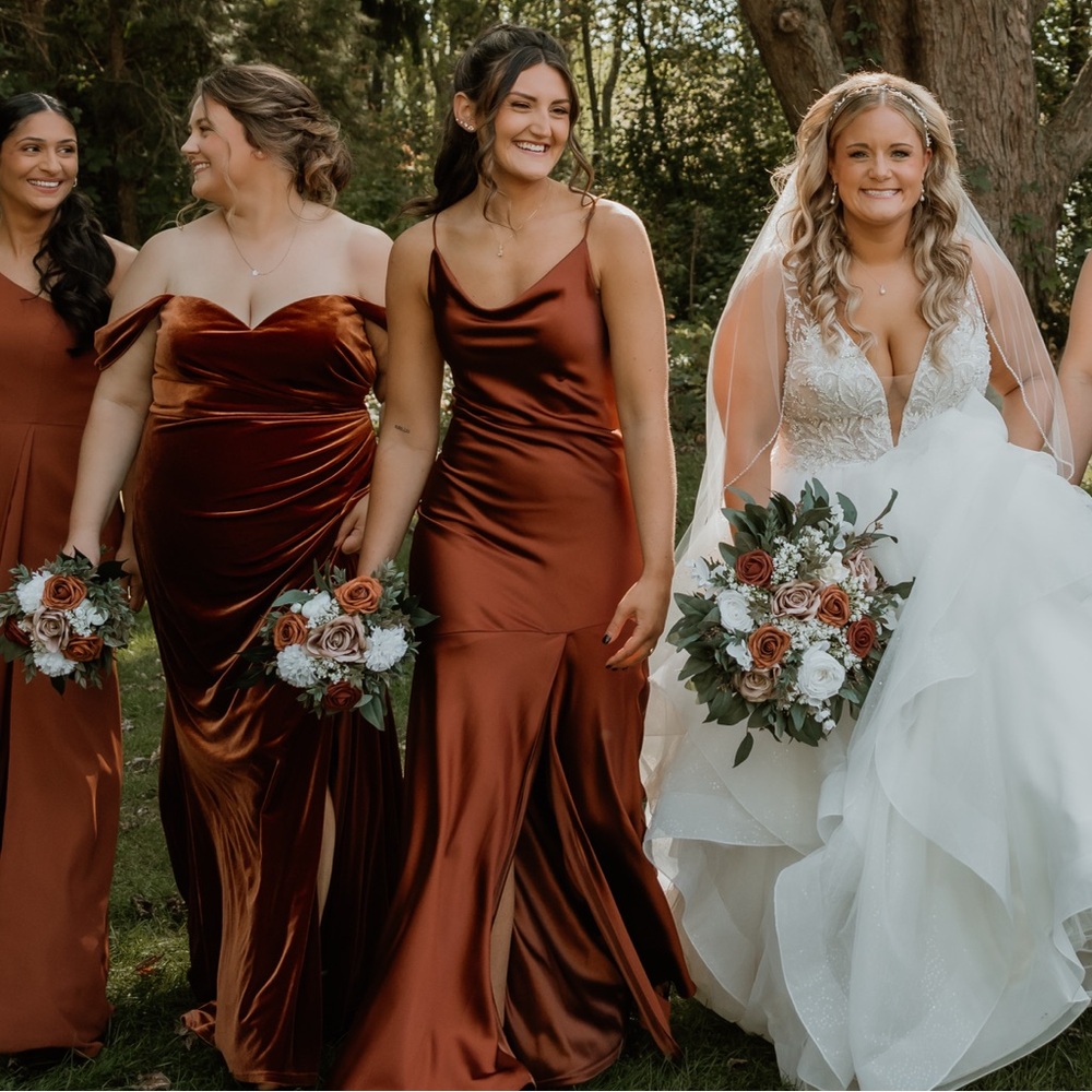 Revelry Rust Red Satin Backless Lace-Up Gown - Picture 3 of 4